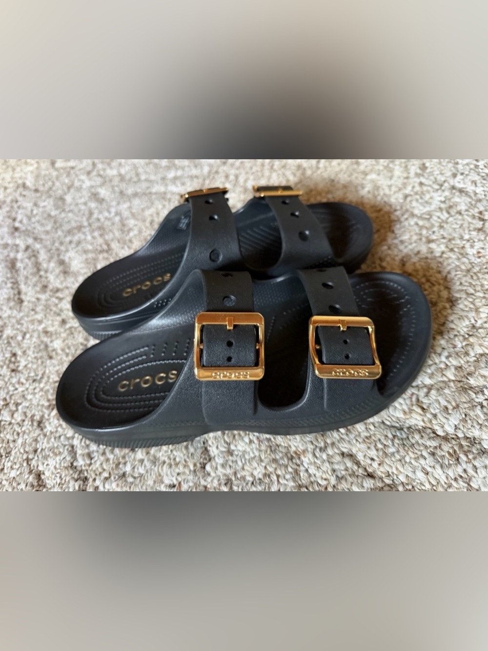EUC CROCS Black Slide Sandals with Gold Buckles Saturday Sz 8 VHTF